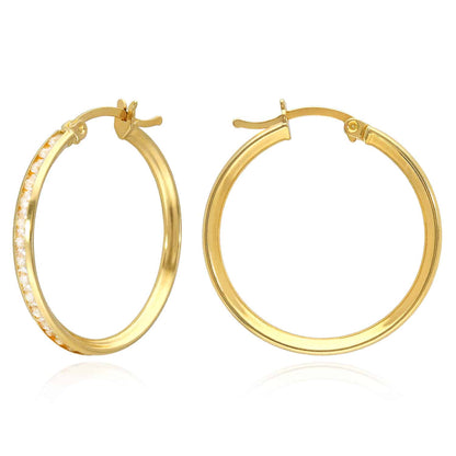 Real 14K Gold Channel CZ Hoop Earrings 13mm-23mm