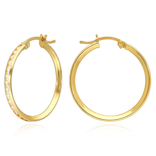 Real 14K Gold Channel CZ Hoop Earrings 13mm-23mm