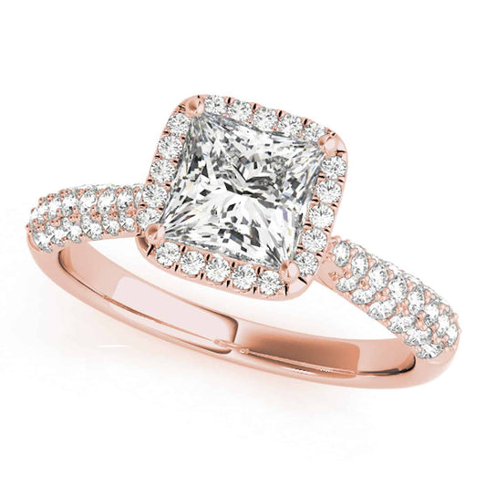1CTW Real Diamonds & Princess Moissanite 18K Gold Rose Halo Engagement Ring