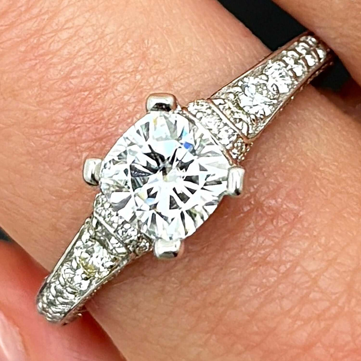 2.04CTW Natural Diamond & Moissanite Cushion - Cut 18K White Gold Engagement Ring - WJD Exclusives