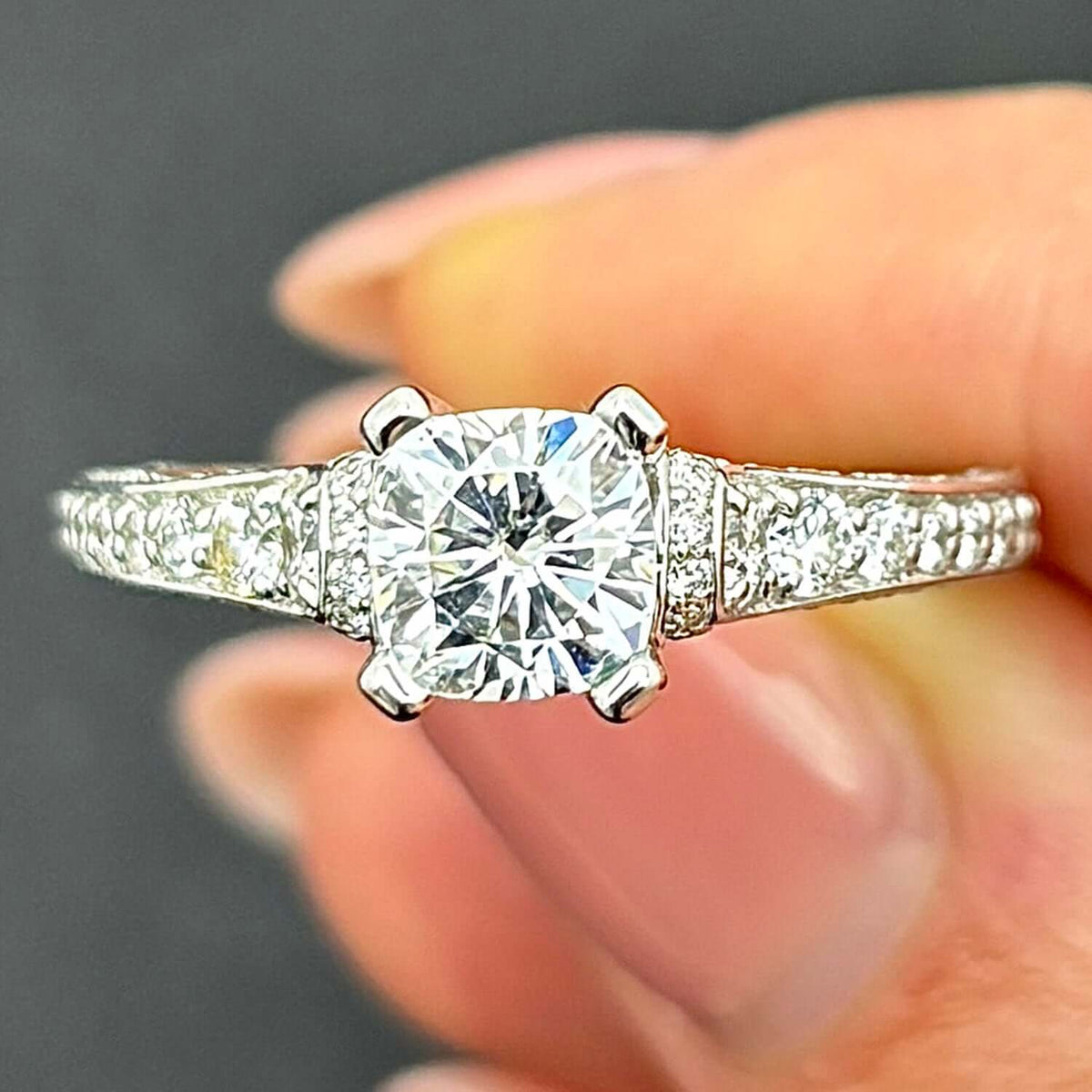 2.04CTW Natural Diamond & Moissanite Cushion - Cut 18K White Gold Engagement Ring - WJD Exclusives