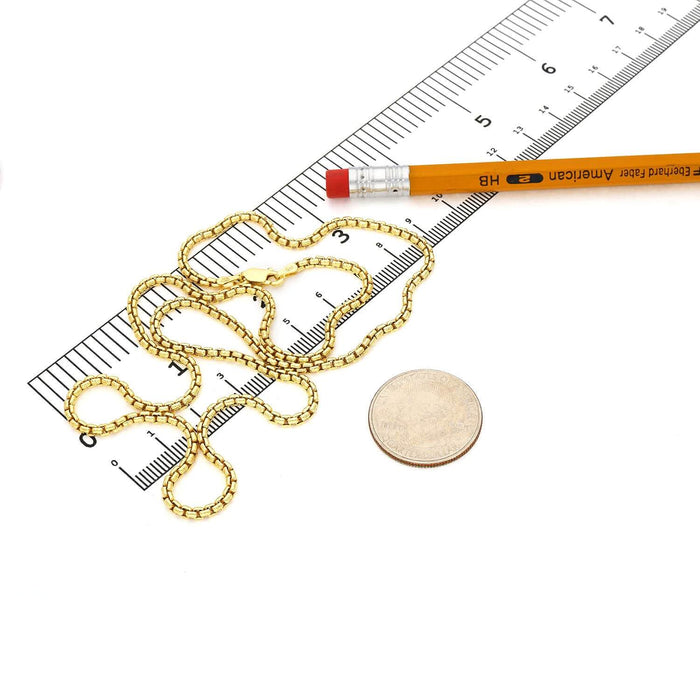 18K Yellow Gold Over Silver 2.5mm Round Box Chain (Solid Links) 16" - 24" - WJD Exclusives