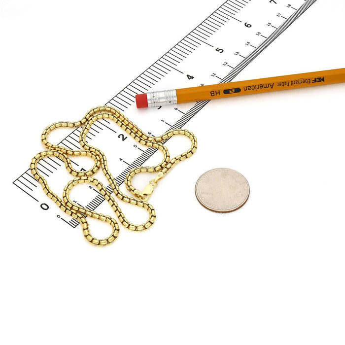 18K Yellow Gold Over Sterling Silver 3mm Round Box Chain (Solid Links) 18" - 24" - WJD Exclusives