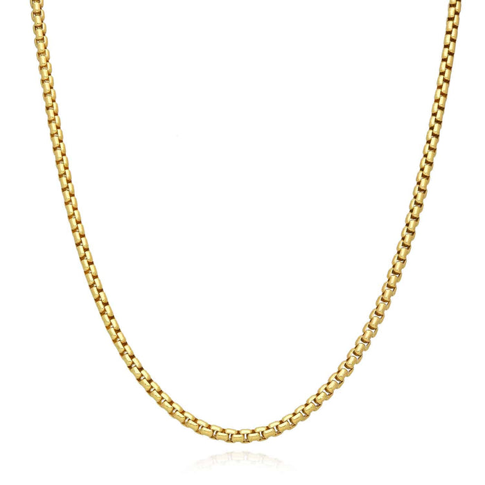 18K Yellow Gold Over Silver 3.7mm Round Box Chain (Solid Links) 18" - 24" - WJD Exclusives