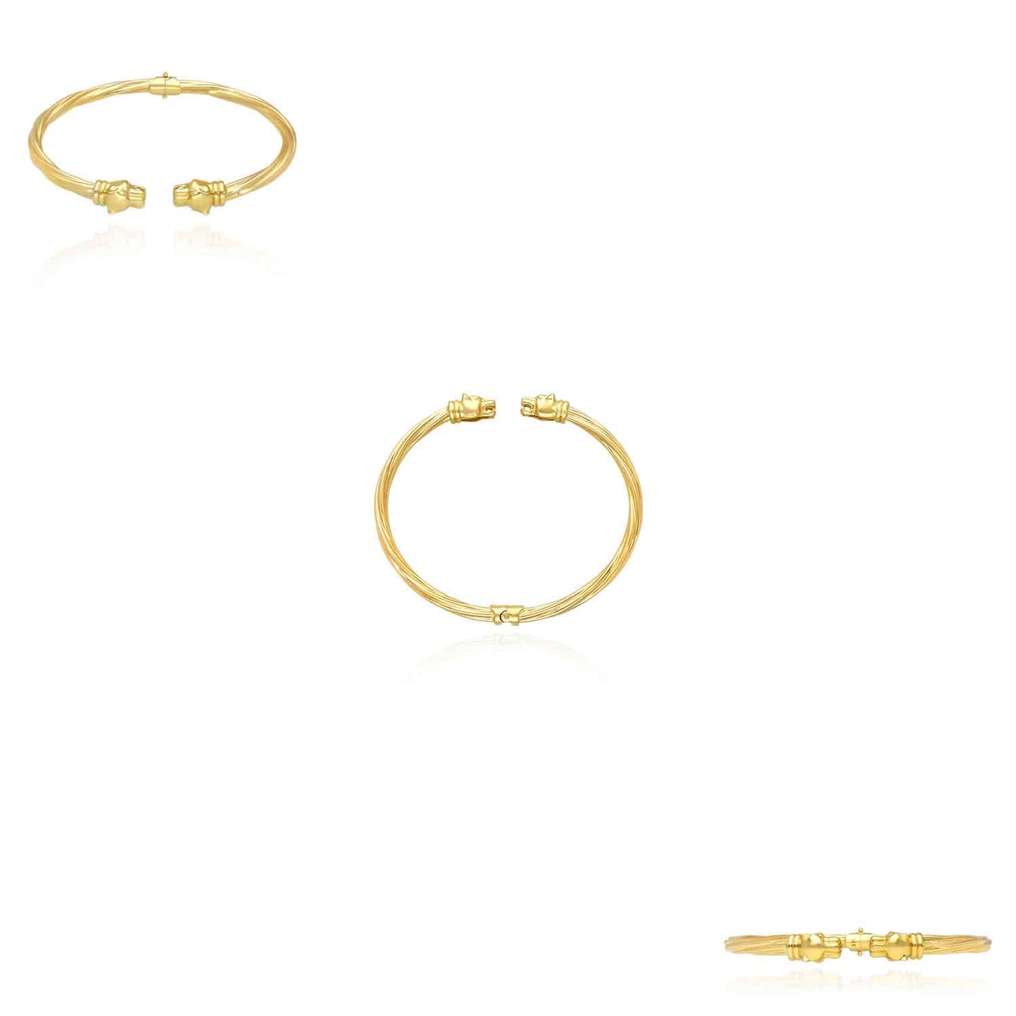 14K Yellow Gold Twisted Tube Panther Head Bangle Bracelet 6.75"