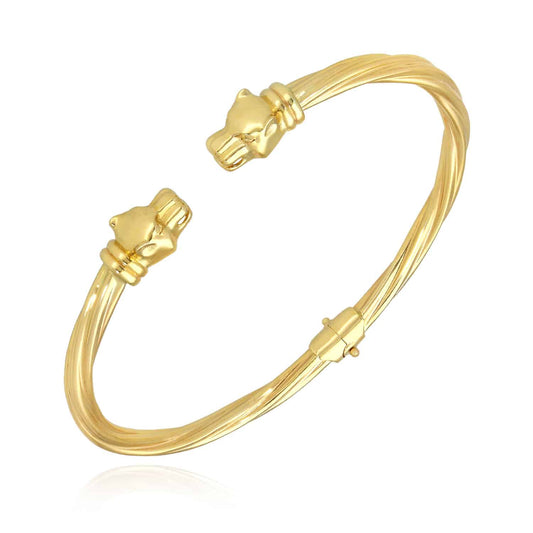 14K Gold Yellow Twisted Tube Panther Head Bangle Bracelet 6.75"