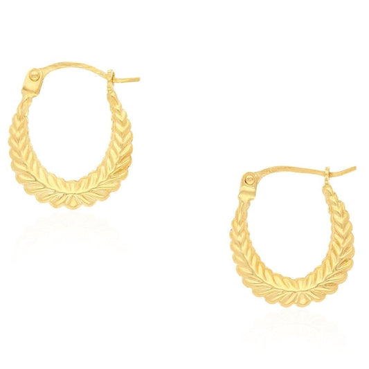 14k Yellow Gold Oval Floral Textured Creole Hoop Earrings