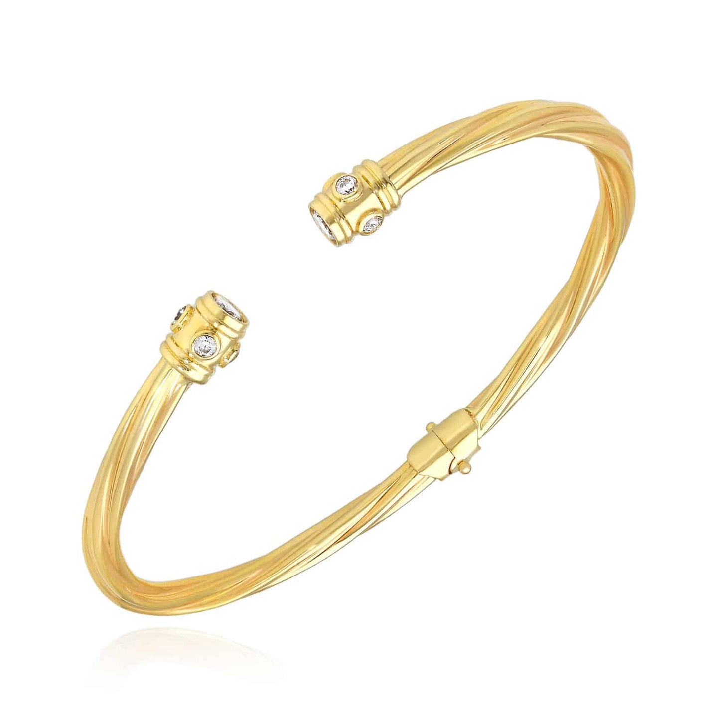 14K Yellow Gold Bezel CZ Twisted Tube Bangle Bracelet 7"