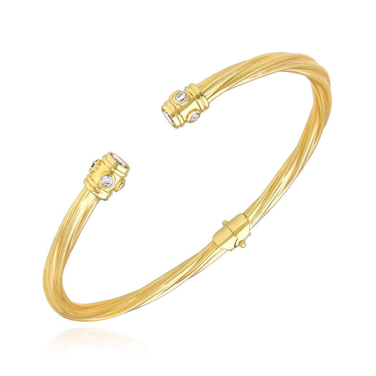 14K Yellow Gold Bezel CZ Twisted Tube Bangle Bracelet 7"