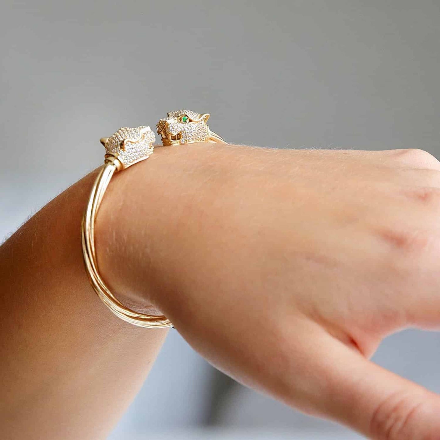14K Yellow Gold CZ Pave Panther Head Bangle Bracelet 6.75"