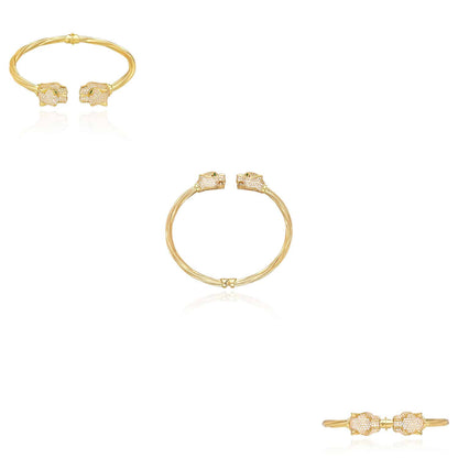 14K Yellow Gold CZ Pave Panther Head Bangle Bracelet 6.75"