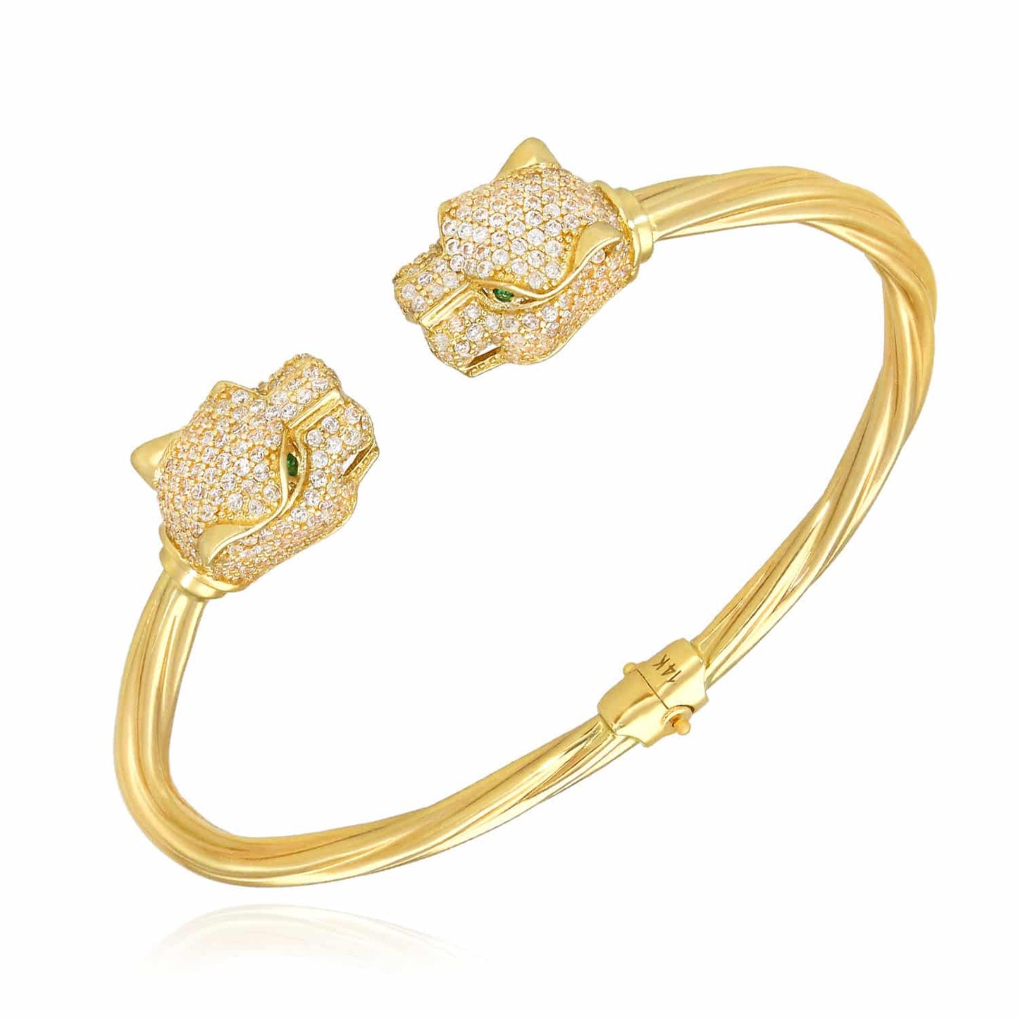 14K Yellow Gold CZ Pave Panther Head Bangle Bracelet 6.75"