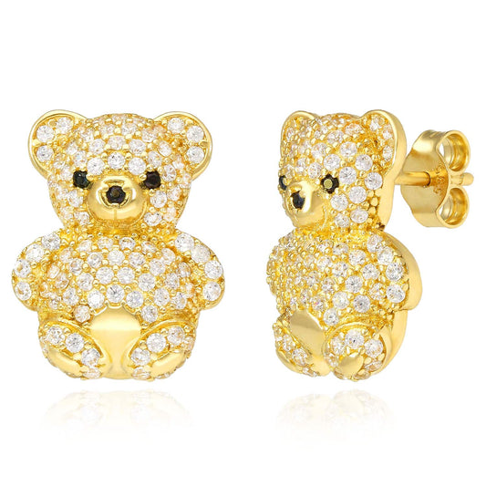 2.70CTW CZ 14K Yellow Gold Pave Puffed Teddy Bear Earrings 17mm