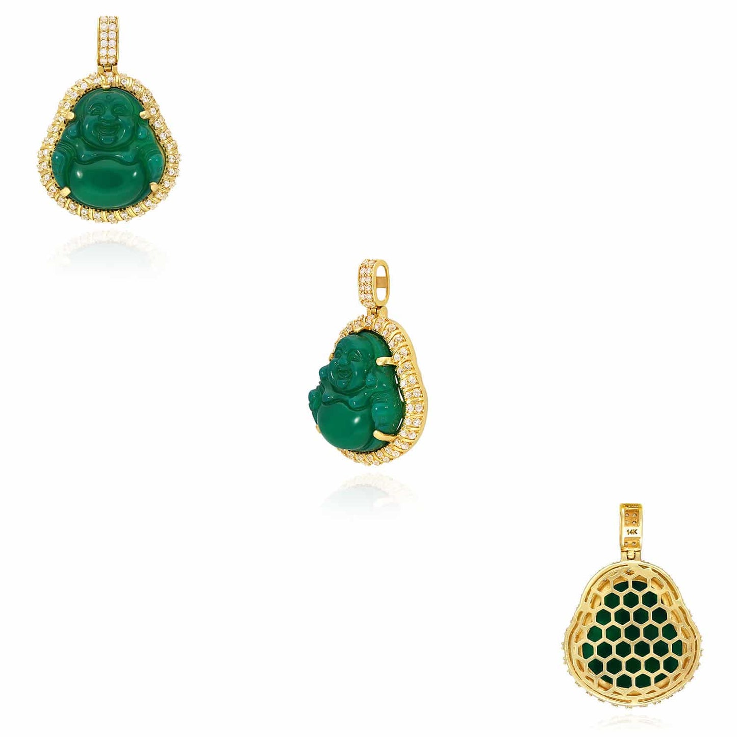 14K Yellow Gold CZ Frame Green Jade Buddha Charm Pendant 1.6"