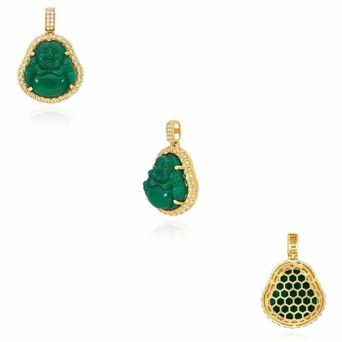 14K Yellow Gold CZ Frame Green Jade Buddha Pendant 1.6" - WJD Exclusives