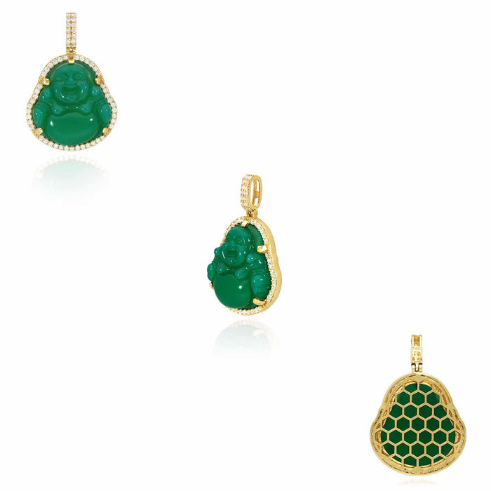 14K Gold CZ Frame Green Jade Fat Buddha Pendant 1.5" - 1.8" - WJD Exclusives
