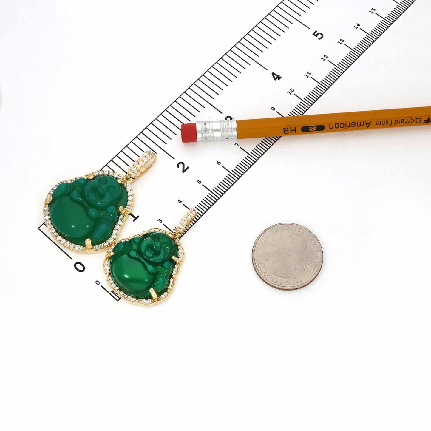 14K Gold CZ Frame Green Jade Fat Buddha Charm Pendant 1.5"-1.8"