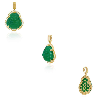 14K Yellow Gold CZ Frame Green Jade Buddha Charm Pendant 1.7-2.2"