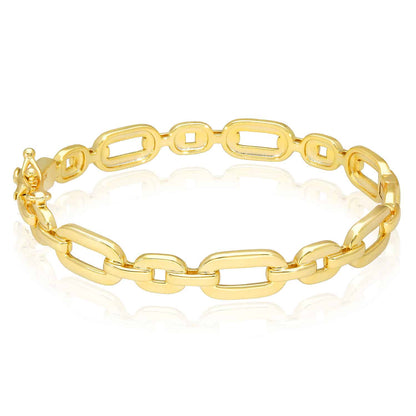 18K Yellow & White Gold Over Sterling Silver 8mm Flat Oval Link Bangle Bracelet