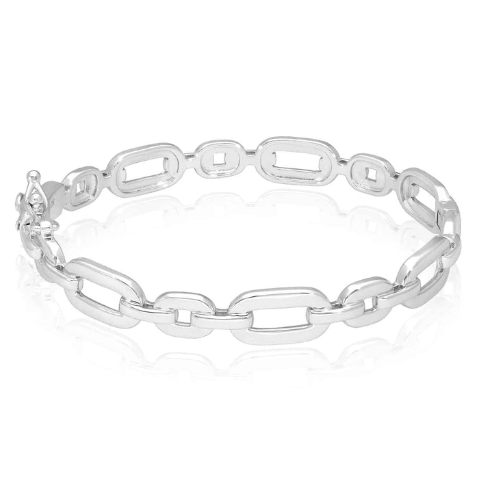 18K Yellow & White Gold Over Sterling Silver 8mm Flat Oval Link Bangle Bracelet (Solid Links) - WJD Exclusives