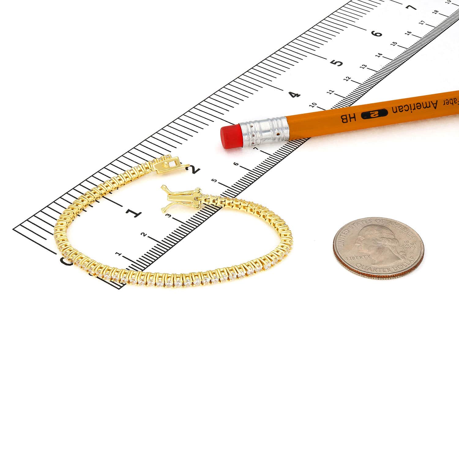18K Yellow Gold Over Sterling Silver CZ 2mm Tennis Bracelet 5"-7"
