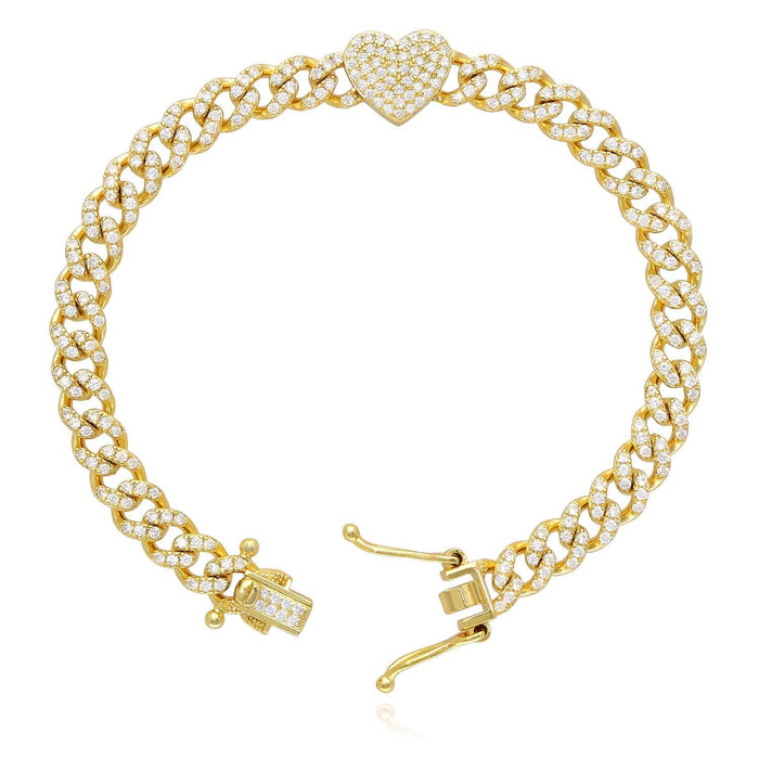 18K Yellow Gold Over Silver CZ 6mm Pave Heart Miami Bracelet (Solid Links) 7" - 8" - WJD Exclusives