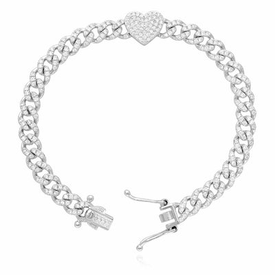 18K White Gold Over Silver CZ 6mm Pave Heart Miami Bracelet (Solid Links) 7.5" - 8" - WJD Exclusives