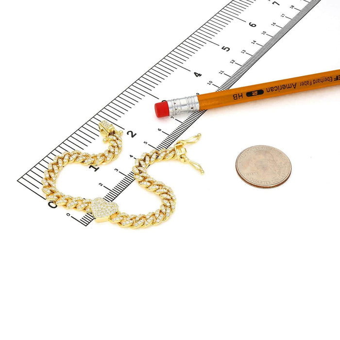 18K Yellow Gold Over Silver CZ 6mm Pave Heart Miami Bracelet (Solid Links) 7" - 8" - WJD Exclusives