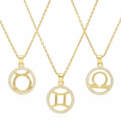 18K Gold Over Silver CZ Zodiac Pendant Necklace 16" - 18" Adj - WJD Exclusives