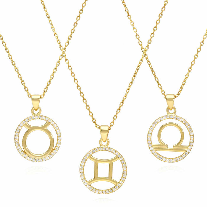 18K Gold Over Silver CZ Zodiac Pendant Necklace 16" - 18" Adj - WJD Exclusives