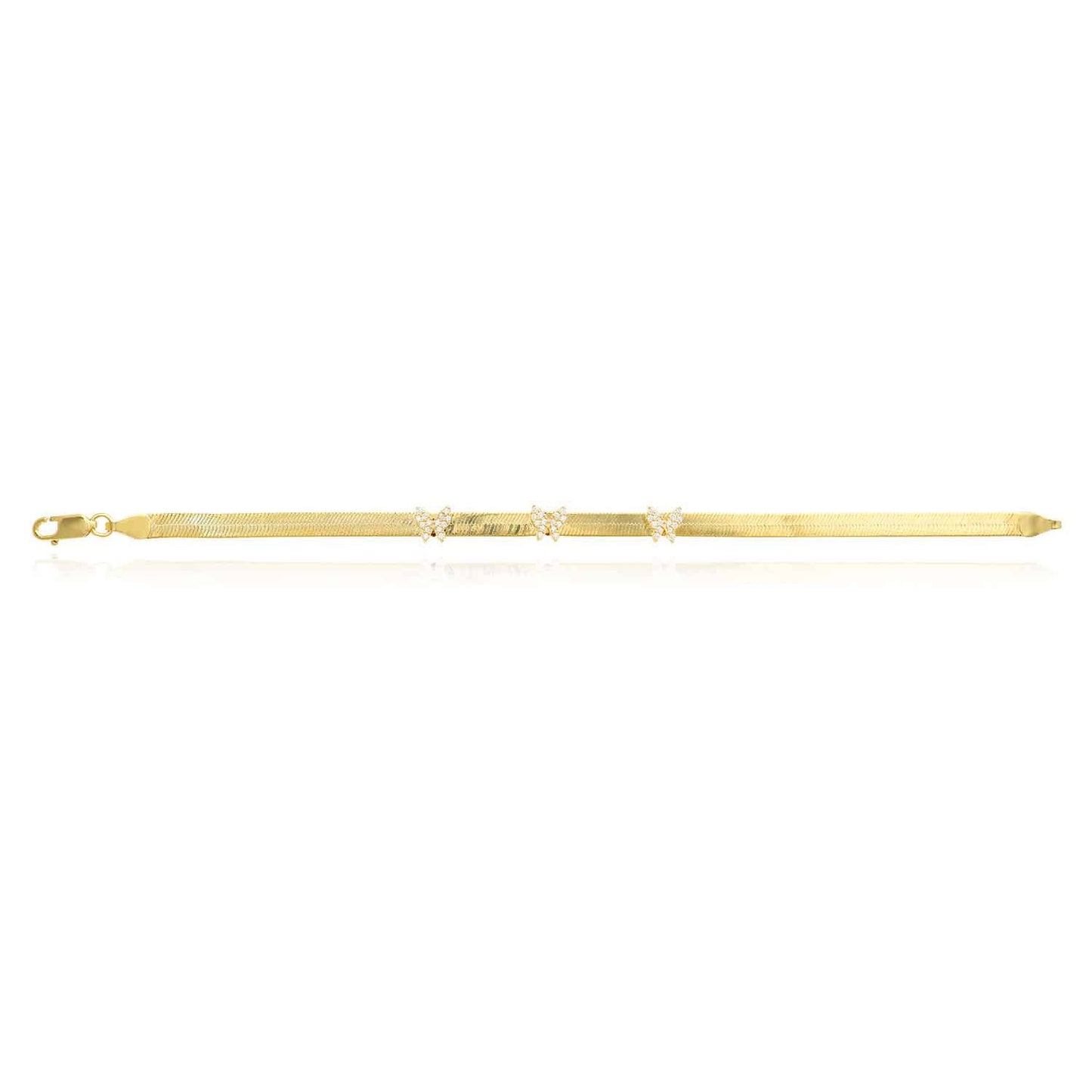 18K Gold Over Silver CZ Butterfly Herringbone Bracelet 7.25"