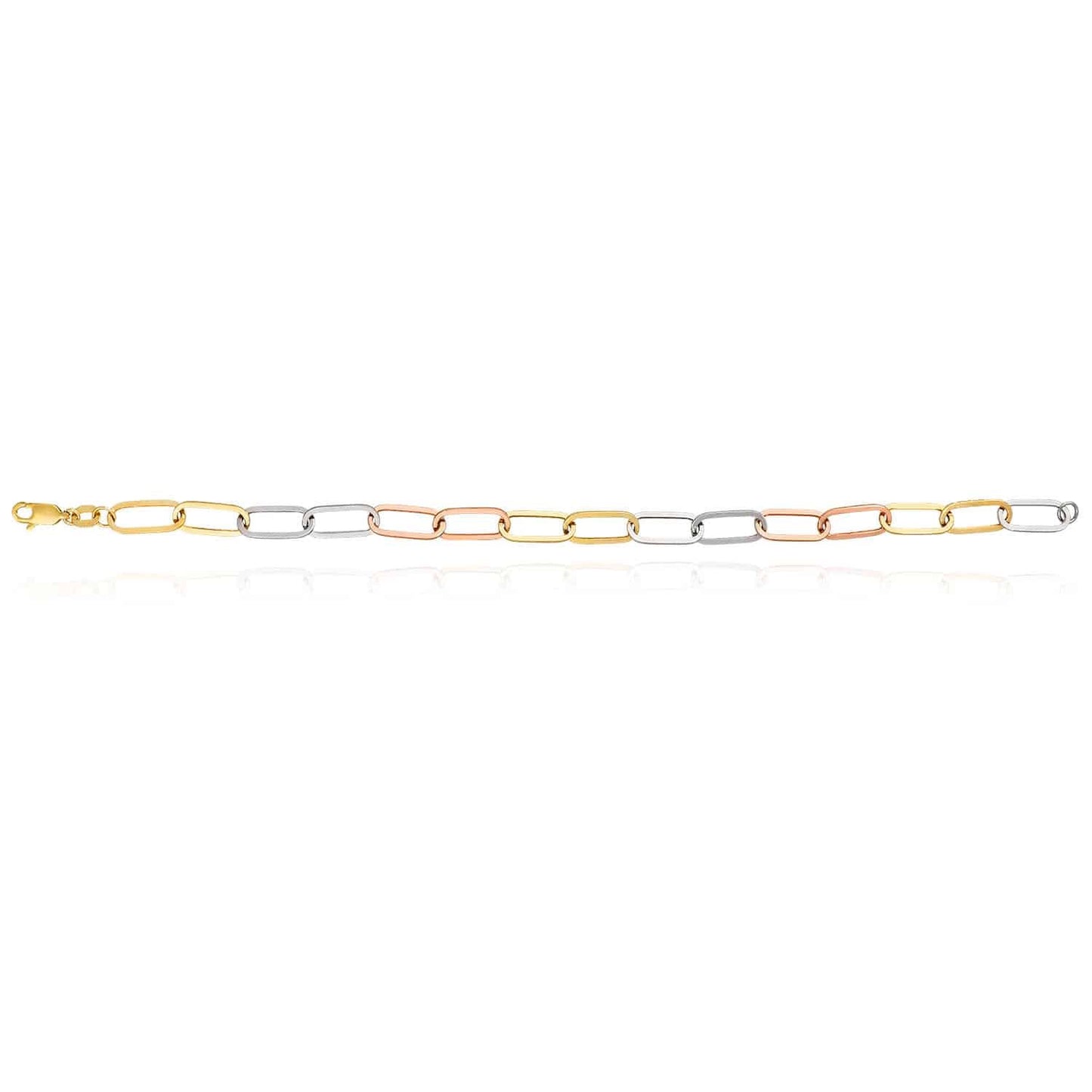 14K Gold Tri-Color Yellow White Rose Color 6mm Paperclip Bracelet 8"