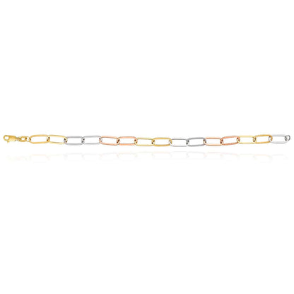14K Gold Tri-Color Yellow White Rose Color 6mm Paperclip Bracelet 8"