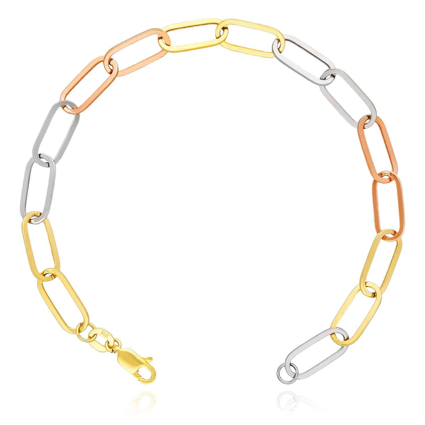14K Gold Tri-Color Yellow White Rose Color 6mm Paperclip Bracelet 8"