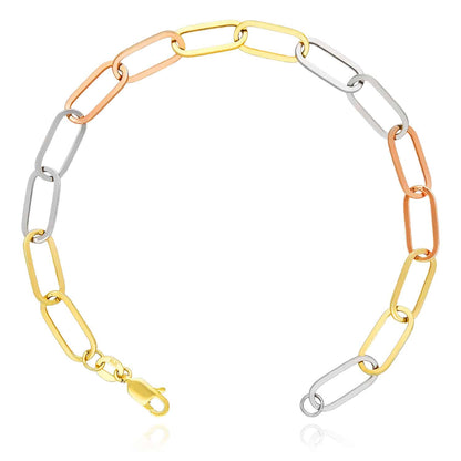 14K Gold Tri-Color Yellow White Rose Color 6mm Paperclip Bracelet 8"