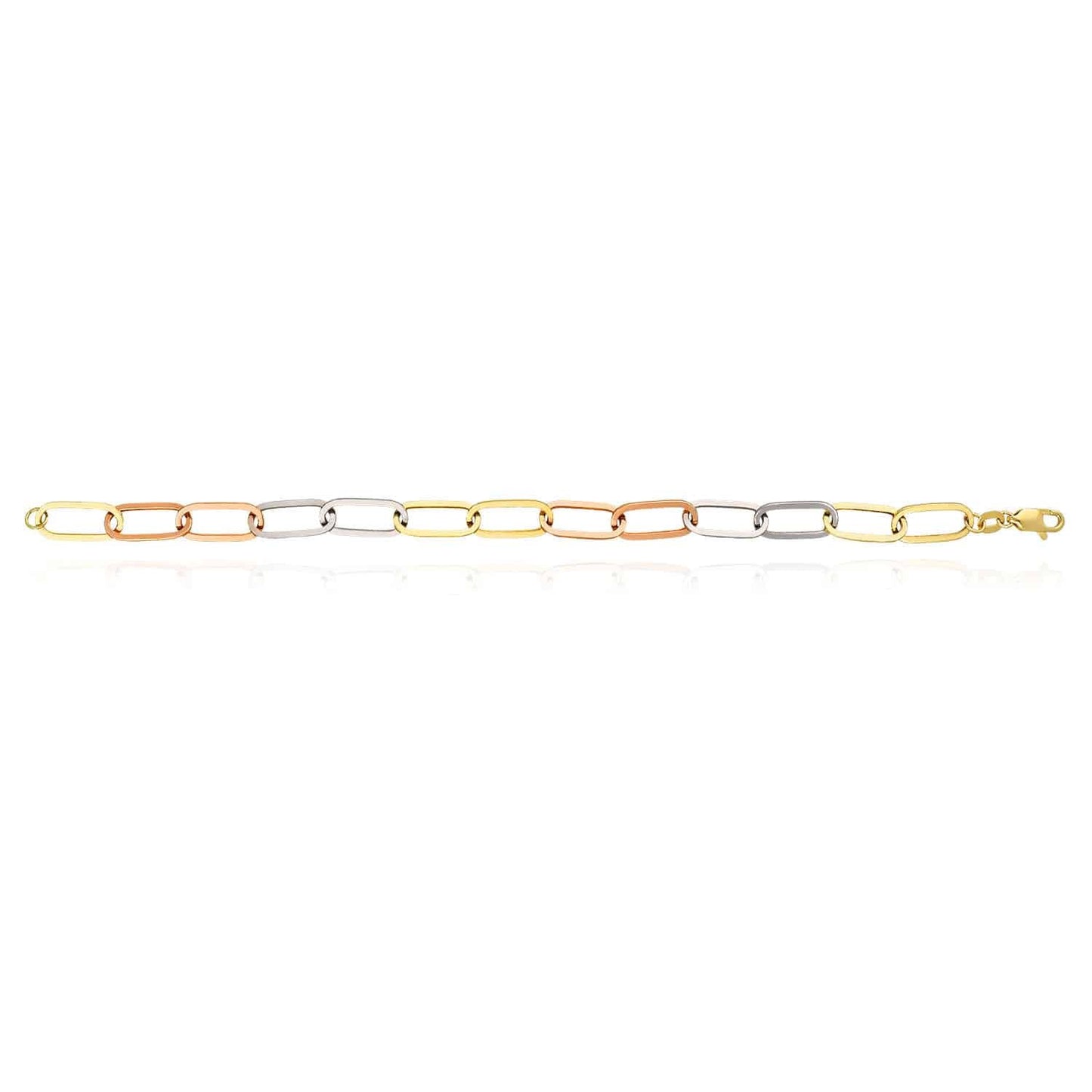 14K Gold Tri-Color Yellow White Rose Color 7.5mm Paperclip Bracelet 8"