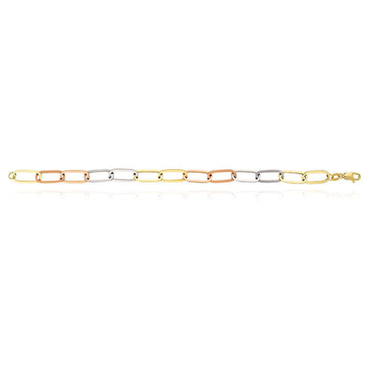 14K Gold Tri-Color Yellow White Rose Color 7.5mm Paperclip Bracelet 8"