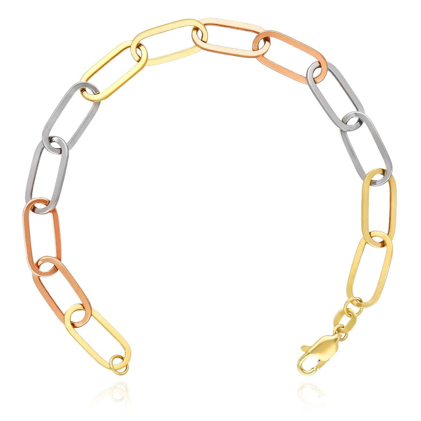 14K Gold Tri-Color Yellow White Rose Color 7.5mm Paperclip Bracelet 8"