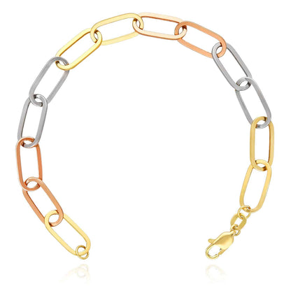 14K Gold Tri-Color Yellow White Rose Color 7.5mm Paperclip Bracelet 8"