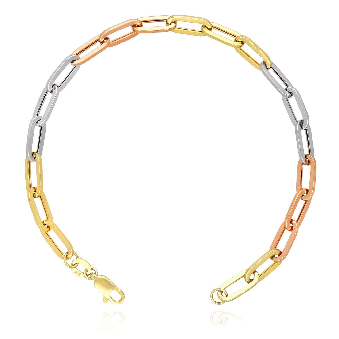 14K Gold Tri-Color Yellow White Rose Color 5mm Paperclip Bracelet 8"