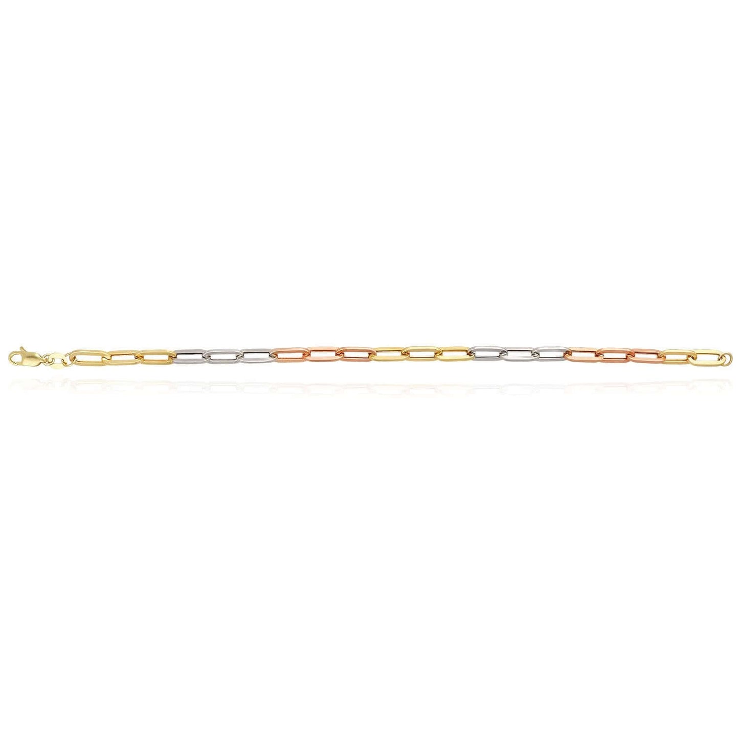 14K Gold Tri-Color Yellow White Rose Color 5mm Paperclip Bracelet 8"