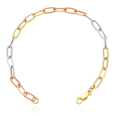 14K Gold Tri - Color Yellow White Rose Color 4mm Paperclip Bracelet (Hollow) 7.5" - WJD Exclusives
