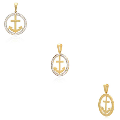14K Yellow Gold CZ Round Frame Anchor Pendant 1.15"