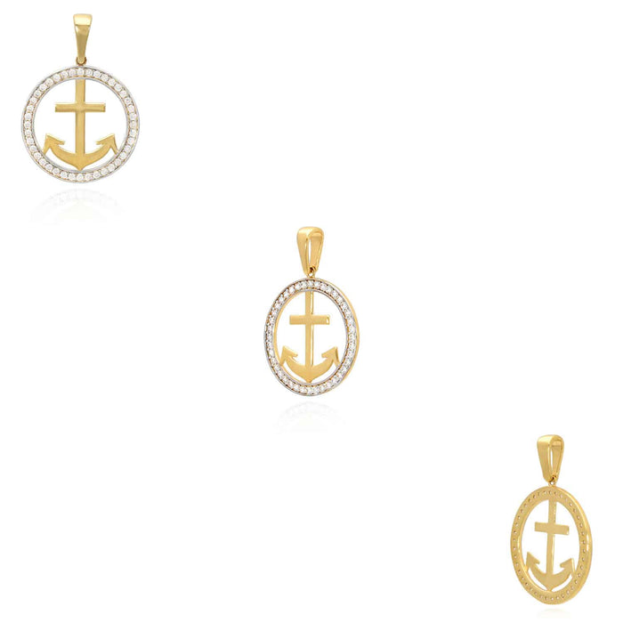 14K Yellow Gold CZ Round Frame Anchor Pendant 1.15" - WJD Exclusives