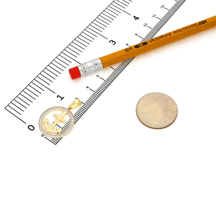 14K Yellow Gold CZ Round Frame Anchor Pendant 1.15" - WJD Exclusives