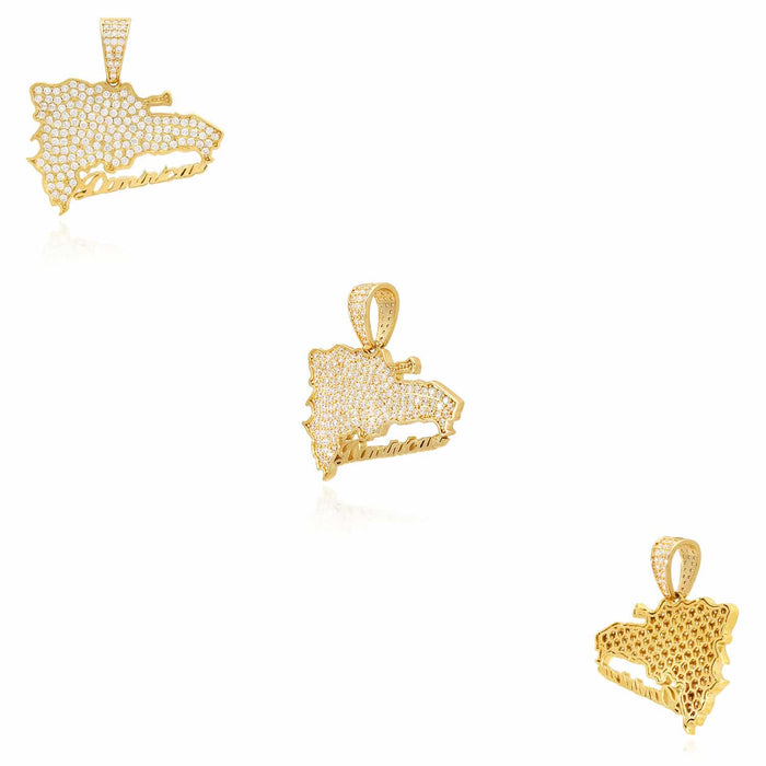 14K Yellow Gold CZ Pave Dominican Map Pendant 1.3" - WJD Exclusives