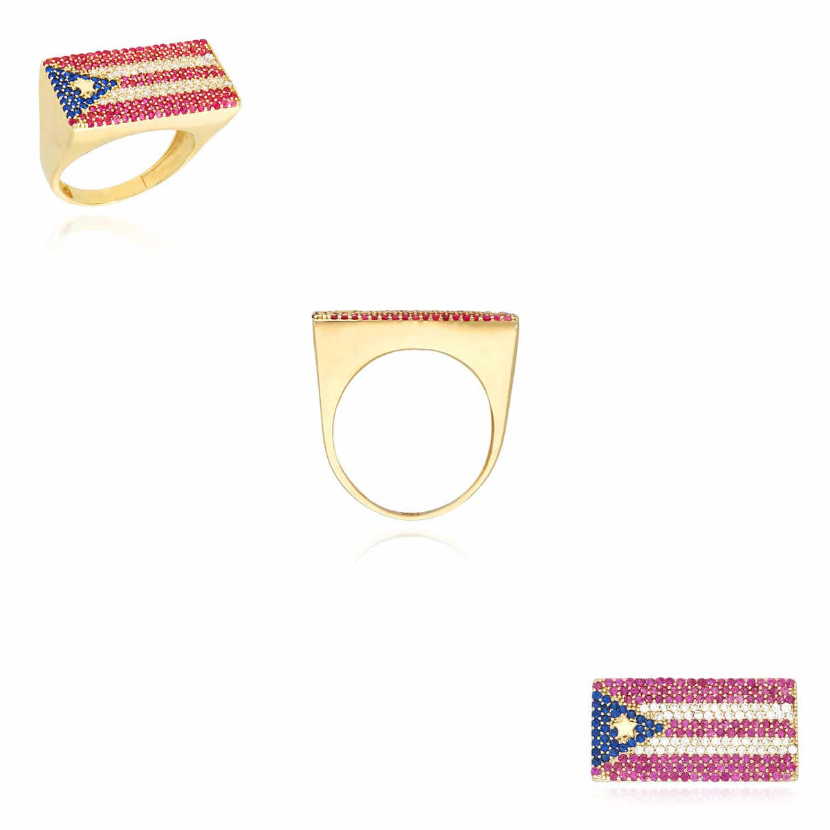 Puerto Rico Rings 14K Yellow Gold CZ Ruby Sapphire Pave Puerto Rico Flag Ring