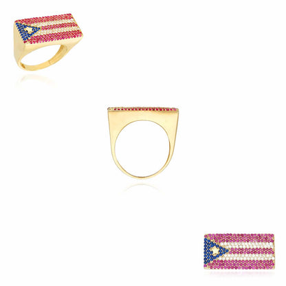 14K Yellow Gold CZ Ruby Sapphire Pave Puerto Rico Flag Ring