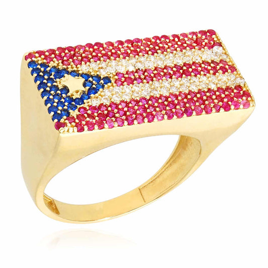 14K Yellow Gold CZ Ruby Sapphire Pave Puerto Rico Flag Ring
