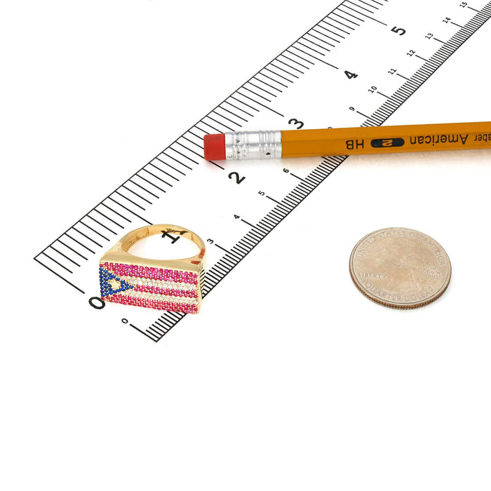 14K Yellow Gold CZ Ruby Sapphire Pave Puerto Rico Flag Ring - WJD Exclusives